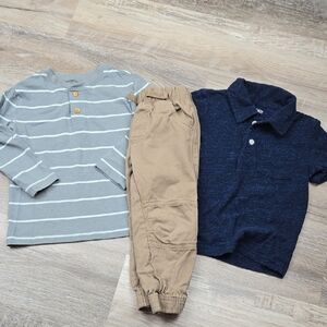 Boys 3T Bundle Outfit Henley Polo Tan Pants Jumping Beans Navy Gray Tan